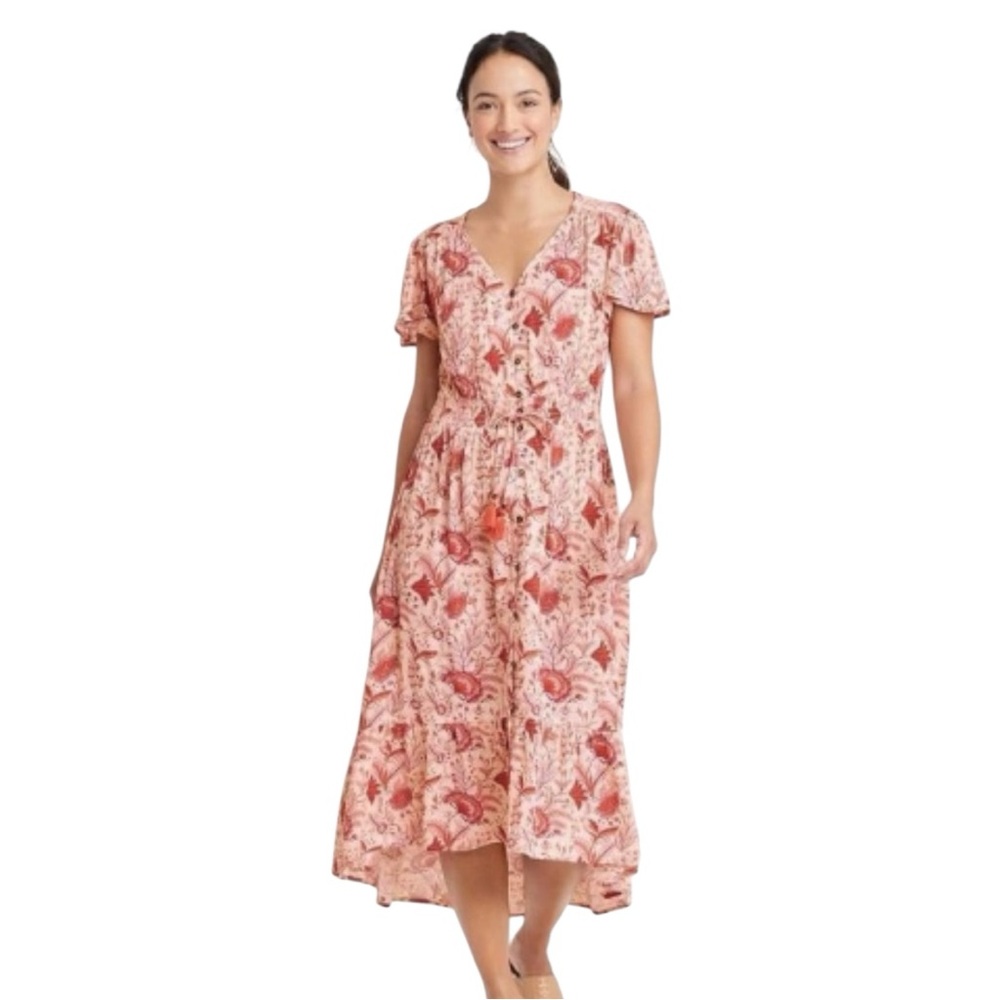 Knox Rose Womens Floral Midi Dress With Front Buttons and Waist Tie